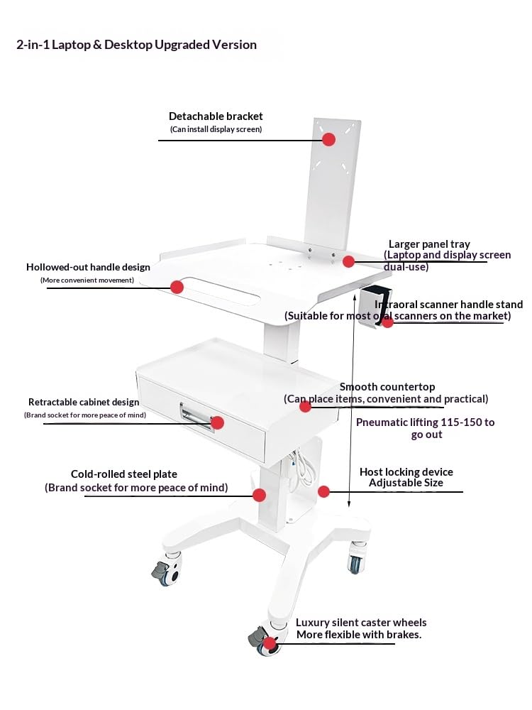 Medical Laptop Workstation Cart with Wheels, Adjustable Height Rolling Lab Trolley with Scanner Holder - Sturdy Mobile Computer Desk for Dental Clinics, Hospitals, Offices & Medical Labs (KSJ002)