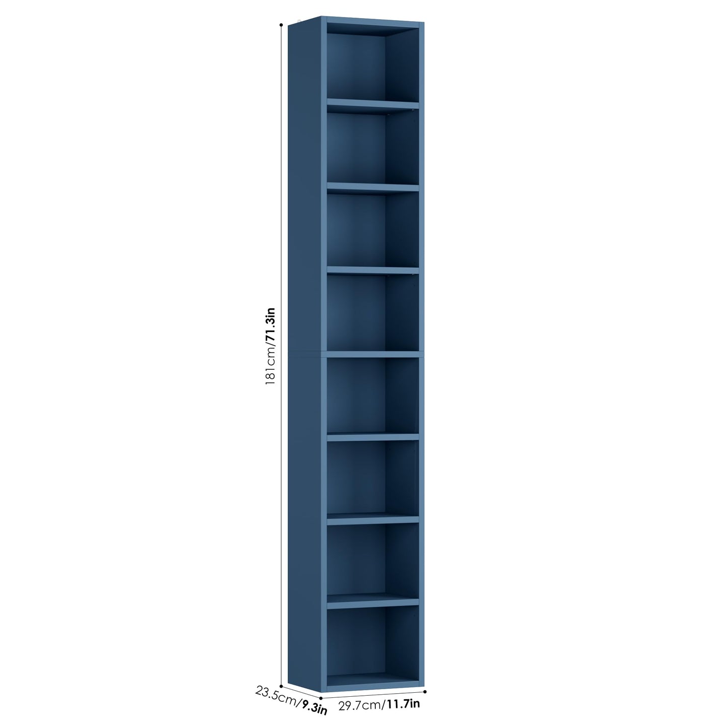 FOTOSOK 8-Tier Media Tower Rack, 11.6 X 9.3 X 70.9 Inches CD DVD Slim Storage Cabinet with Adjustable Shelves, Tall Narrow Bookcase Display Bookshelf for Home Office, Blue