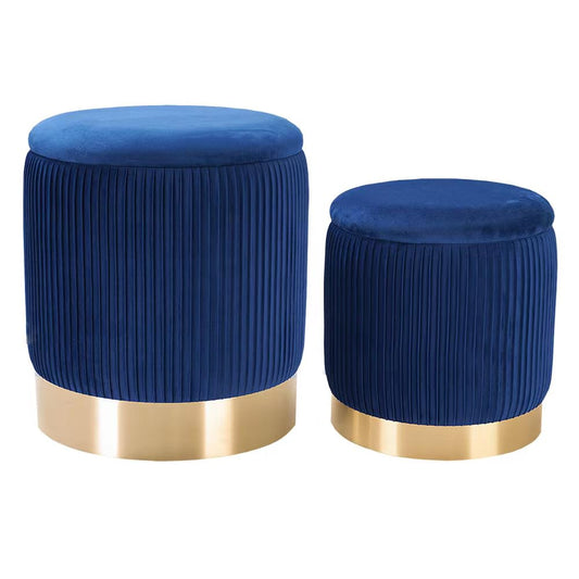 2BYF Blue Round Ottoman with Storage Set of 2 Upholstered Velvet Vanity Stool for Living Room Small Ottoman Coffee Table with Removable Lid Foot Stool for Living Room, Bedroom, Hallway, Assembly Free
