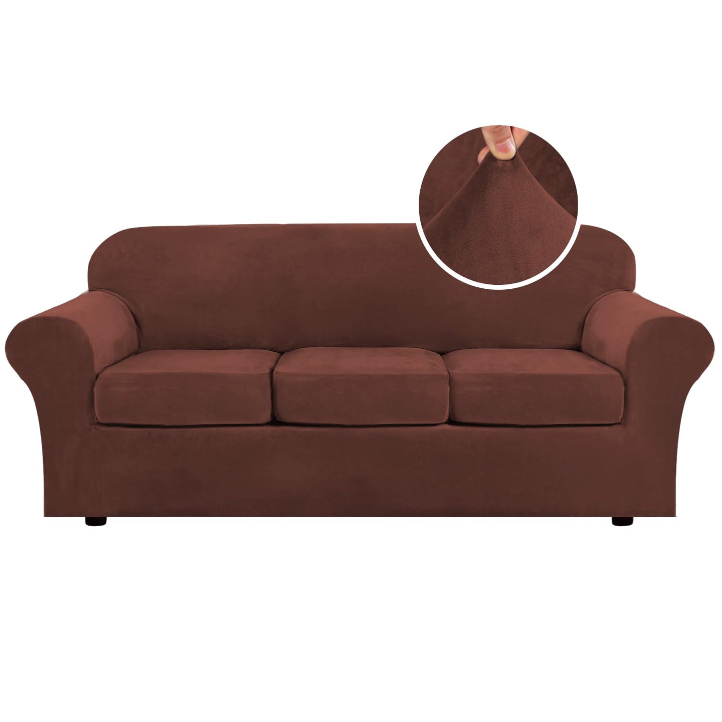 H.VERSAILTEX Modern Velvet Plush 4 Piece High Stretch Sofa Slipcover Sofa Cover Furniture Protector Form Fit Thick Velvet Sofa Cover for 3 Cushion Couch Width Up to 90 Inch (Sofa, Burnt Brick)
