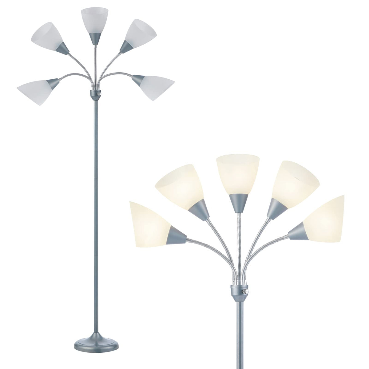 HonoDing Medusa Floor Lamps Standing Lamps 5 Heads Adjustable Reading Light Large Shade Use E26 A19 Bulb Floor Lamps for Living Room Bedroom (Silver)