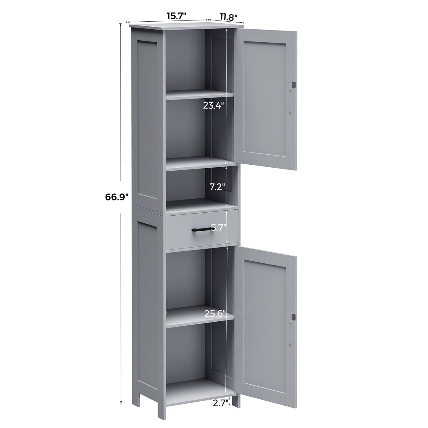 Homhedy 67" H Tall Bathroom Storage Cabinet with 2 Barn Doors and 1 Drawer, Narrow Storage Unit, Adjustable Shelves, Floor Cabinet for Bathroom, Living Room, Entryway, Kitchen, Gray, (15.7" W)