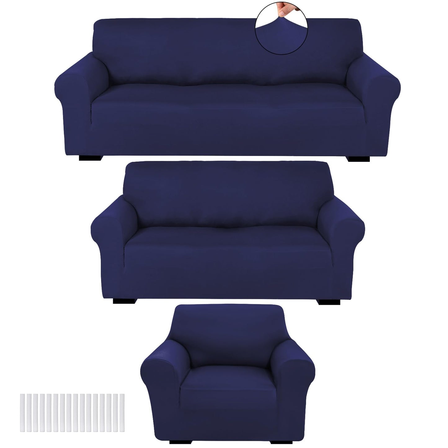 Peryiter 3 Pcs Couch and Loveseat Covers Set Sofa Cover for Couch Sofa Slipcover for Living Room Arm Chair Furniture Protector(Navy Blue,Milk Silk Spandex)