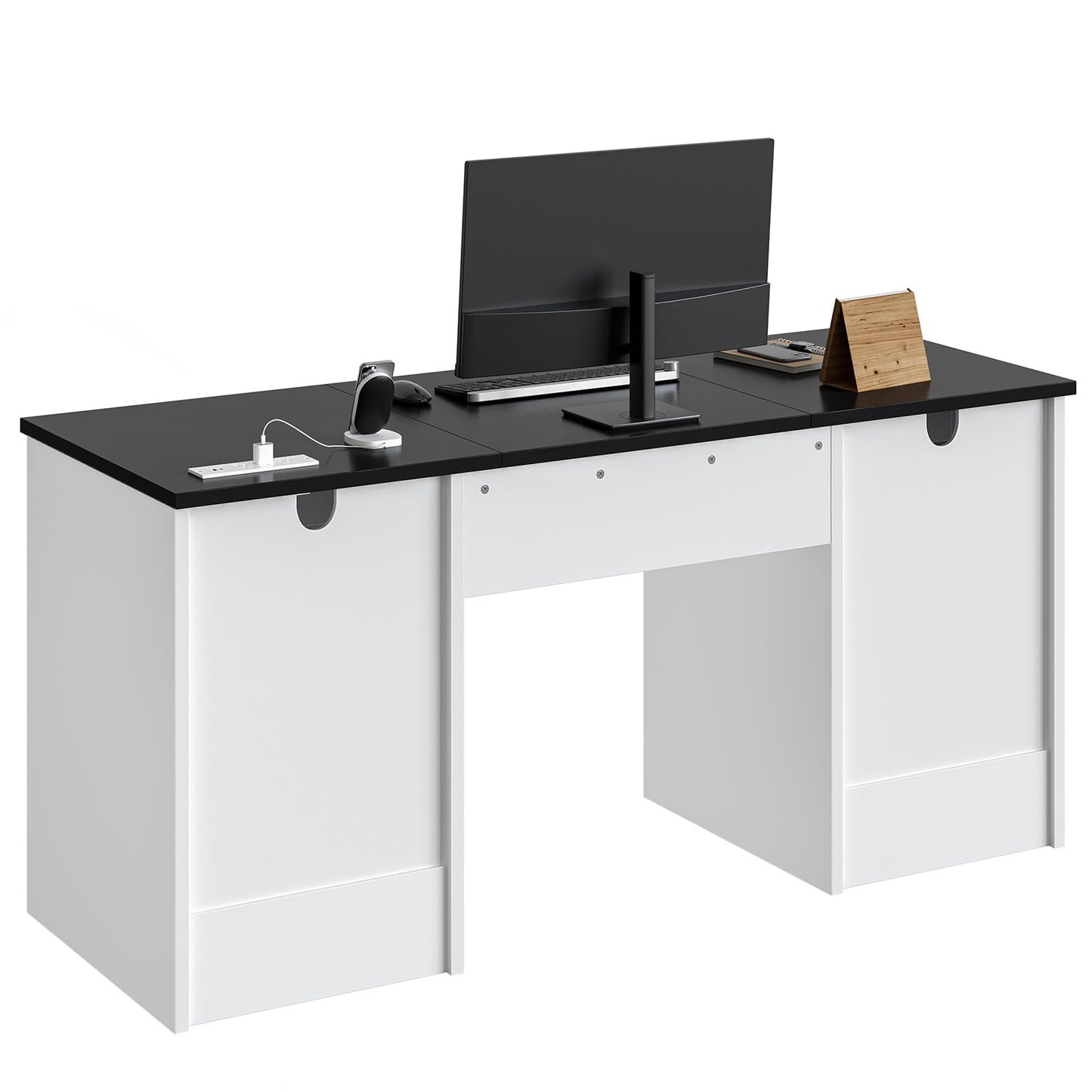Bestier 59” Office Desk with Lockable Drawers, Modern Computer Desk with File Drawer, Charging Station & Drop-Front Keyboard Drawer, Executive Desk with Storage Cabinet for Home Office & Studio, White