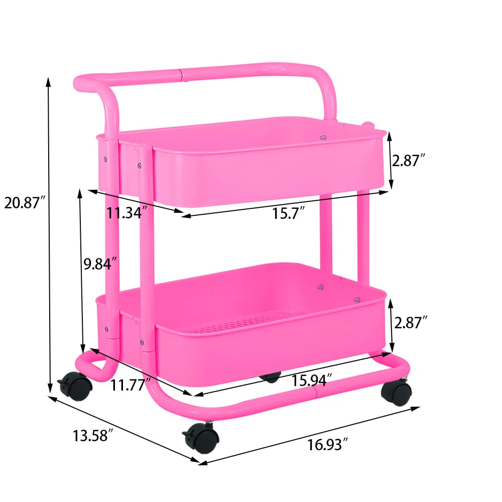 Melody House 2-Tier Metal Mesh Rolling Cart Storage Organizer with Utility Handle and Wheels, Multi-Functional Storage Trolley for Office Living Room Kitchen, Pink