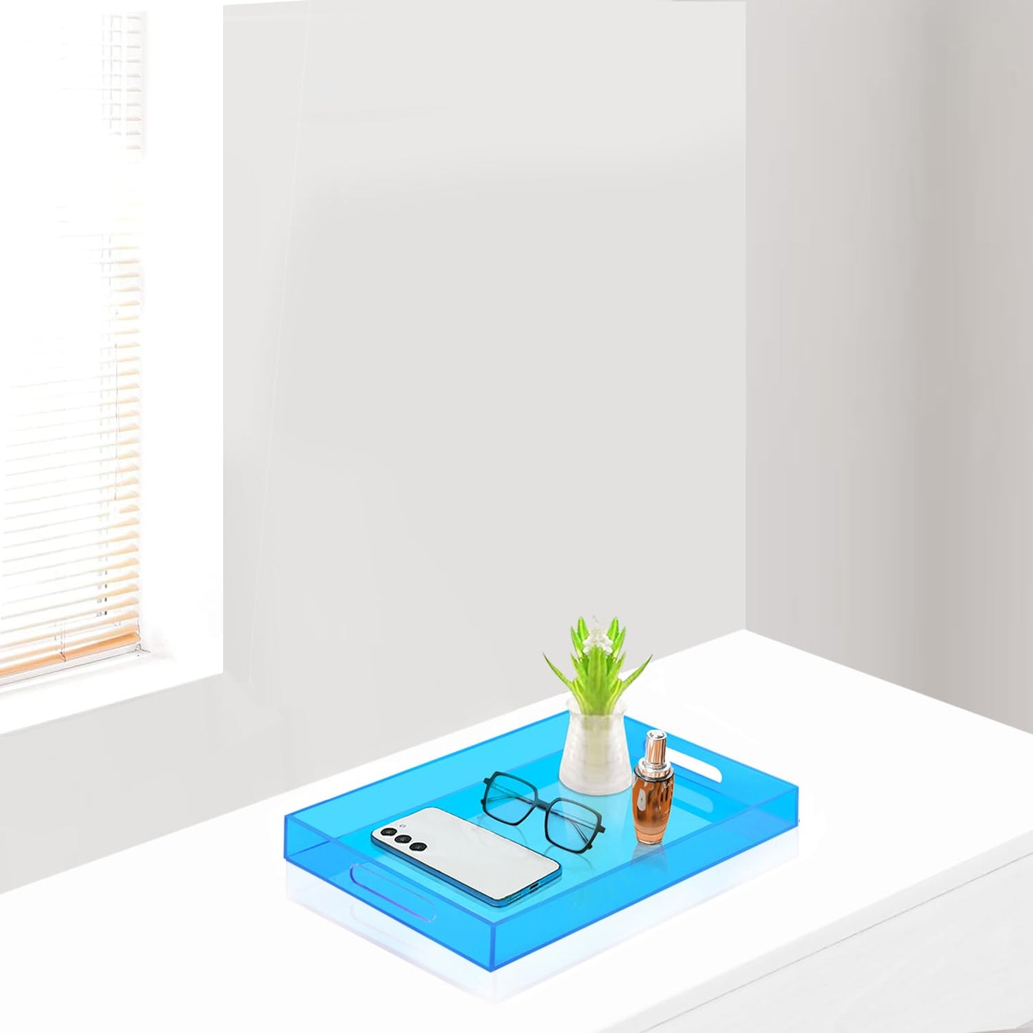 SetGame Acrylic Serving Tray with Handles, Bathroom Desktop Decorative Storage Arylic Trays, Simple Vanity Tray Food Tea Fruit Dinner Snack Tray for Bar Kitchen Party