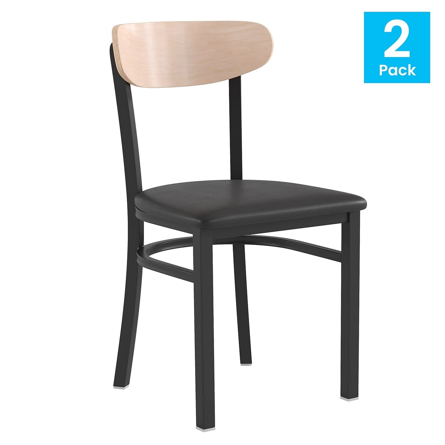 Flash Furniture Wright Set of 2 Commercial Dining Chairs - Natural Wood Boomerang Back - Black Vinyl Seat - 500 LB. Capacity Black Steel Frame-Integrated Footrest
