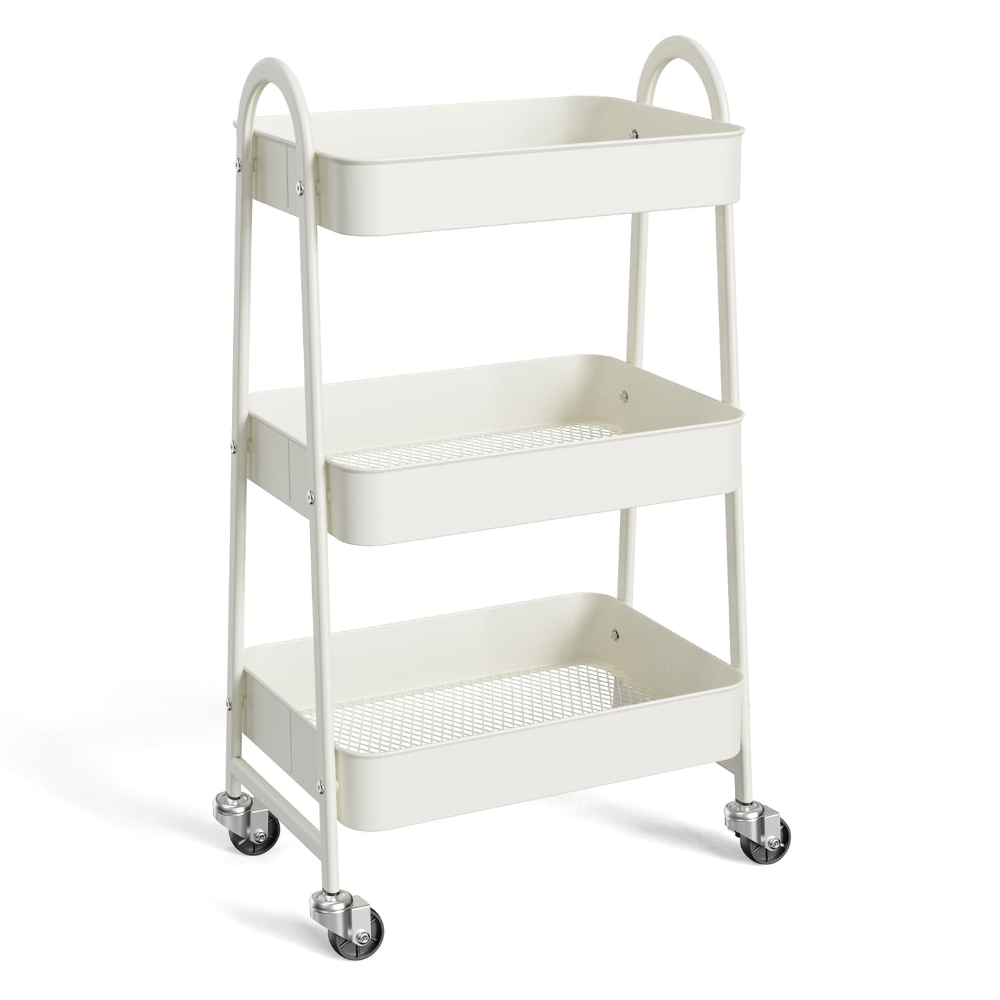 NEWBULIG 3-Tier Metal Rolling Cart with Lockable Wheels, Heavy Duty Mobile Utility Storage Shelf, Roller Book Snack Cart, Organization for Livingroom, Bathroom, Office, White