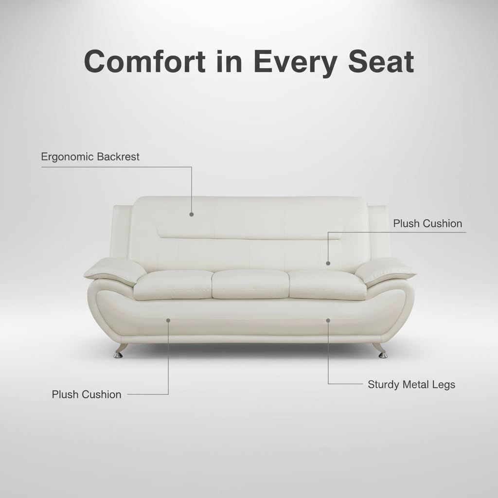 Trygoal 3-Piece Living Room Furniture, Modern White Faux Leather Sofa Set with Sturdy Metal Legs, (3-Seat Sofa + Loveseat + Armchair), Easy Assembly