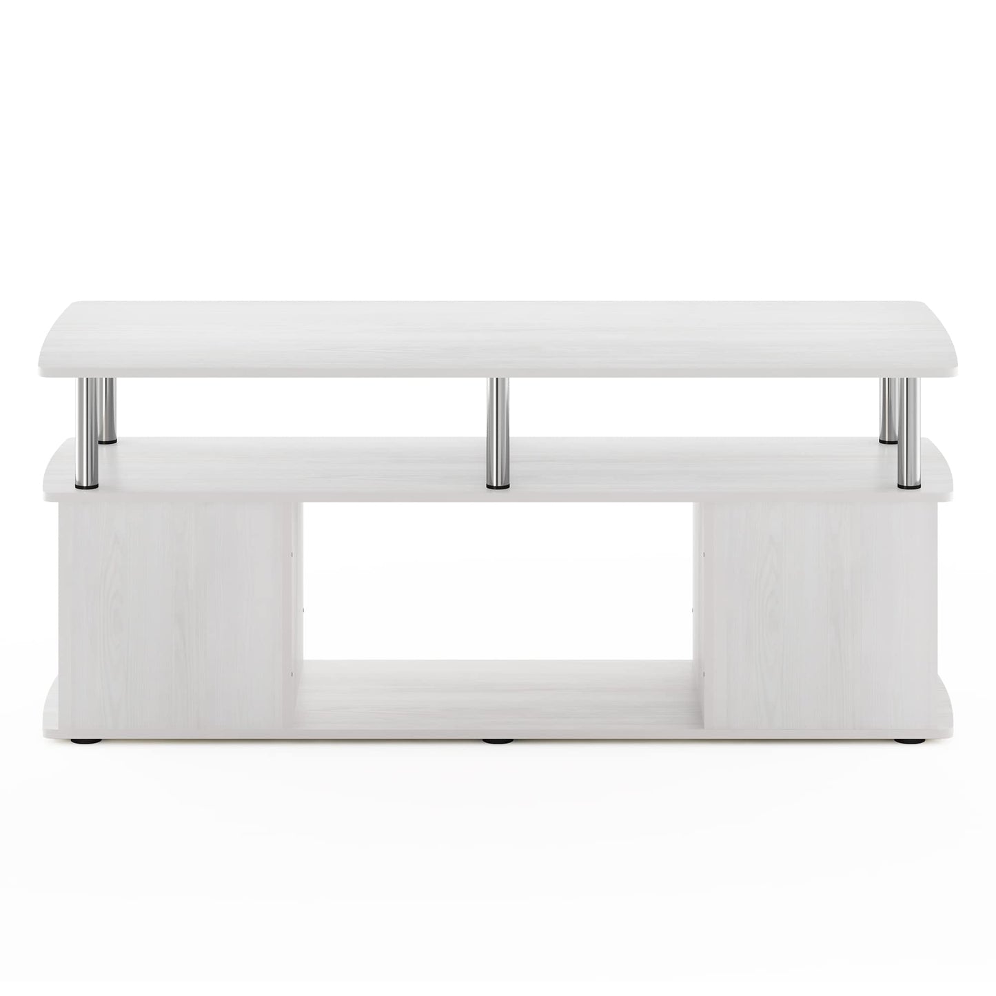 Furinno JAYA TV Stand, 3-Tier Entertainment Center with Open Shelf, TV Console for TV up to 50 Inch with Side Open Storage Compartments, for Living Room, Bedroom, White Oak/Stainless Steel Tubes