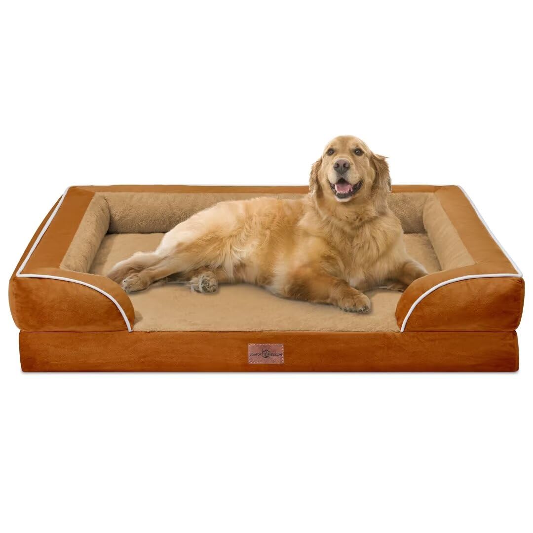 Comfort Expression Orthopedic Dog Bed for Extra Large Dogs 42x30 Inch, Waterproof Supportive Egg Crate Foam XL Pet Bed with Removable Bolsters, Dog Couch with Washable Cover & Non-Slip Bottom, Orange