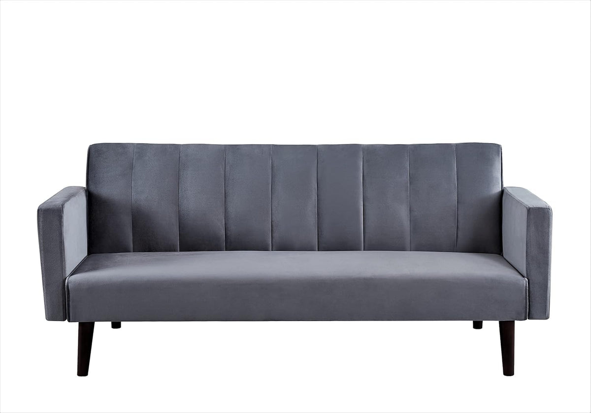 Container Furniture Direct 72" Velvet Convertible Futon Sofa Bed - Full Out Twin Sleeper Couch w/Channel Stitch, Wood Frame & High-Density Foam - Space-Saving for Apartments/Dorms, Grey