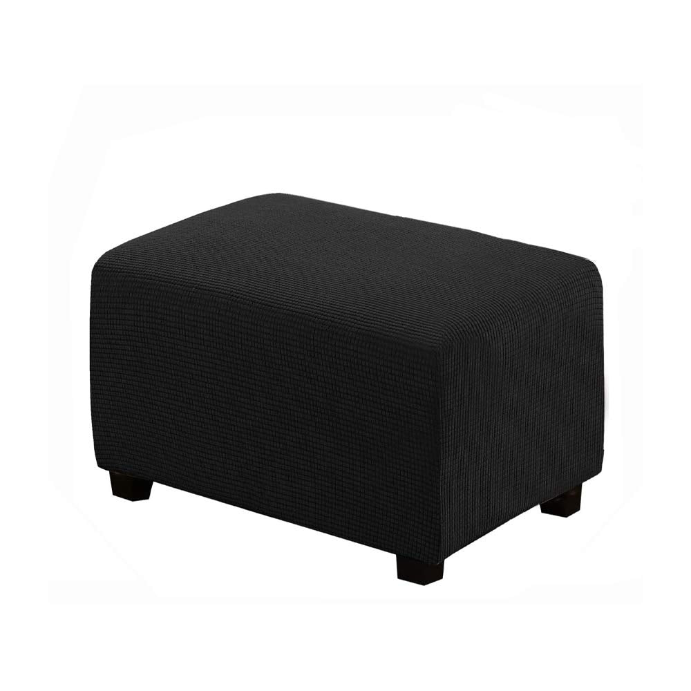 VIENLOVE Rectangle Ottoman Slipcover Polyester Blend Footstool Protector Covers Stretch with Elastic Bottom Feature Textured Machine Washable Jacquard Fabric (Black, Large)