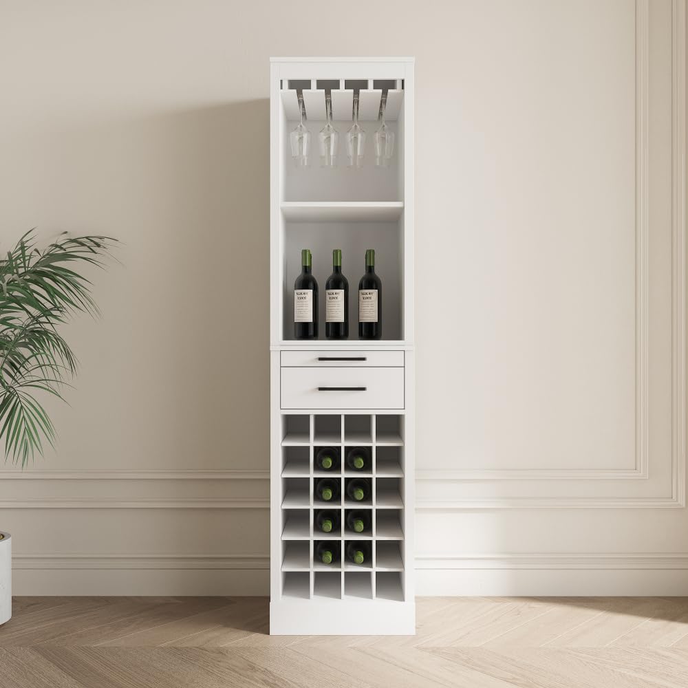 Brown Walnut Color Modular Wine bar Cabinet with Storage Shelves with Hutch for Dining Room (White + MDF)