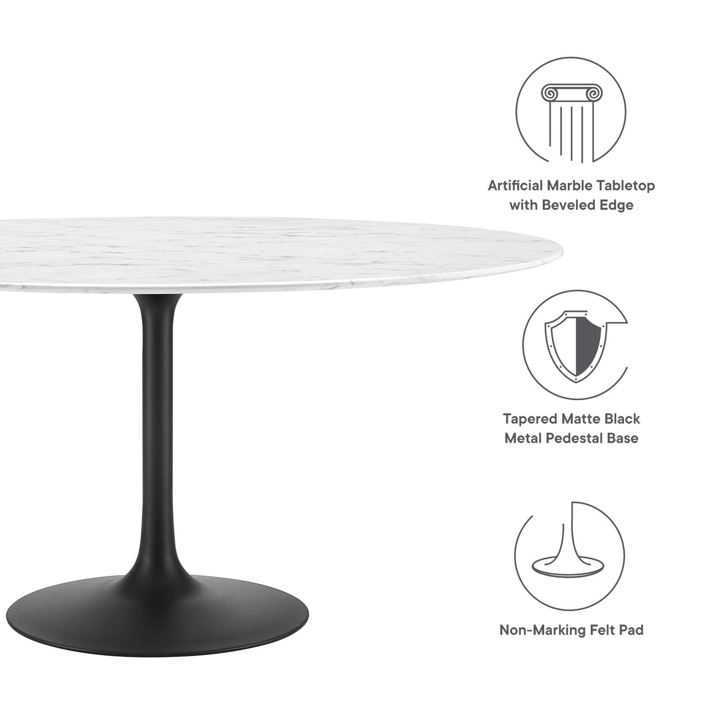 Modway Lippa Round 60" Mid-Century Modern Artificial Marble Dining Table in Black White