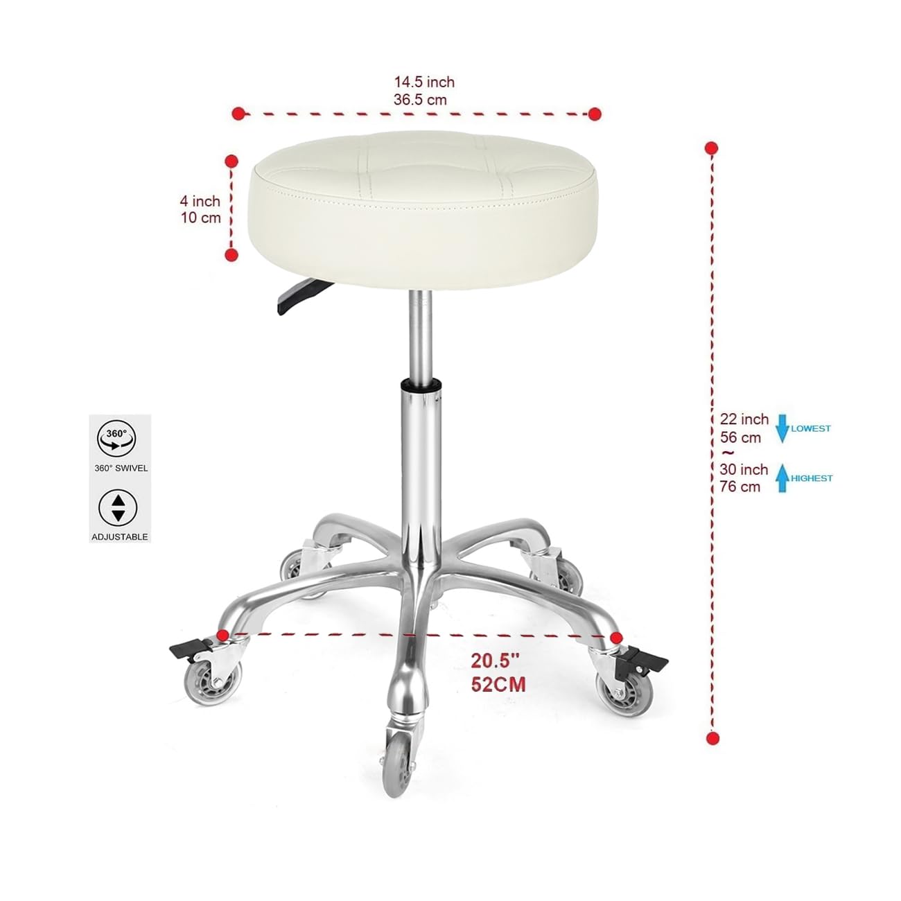 McDooFly Adjustable Heavy Duty Stool - Rolling Stools with Locking Caster Wheels - Swivel Stools Backless Chair for Home Kitchen Office Shop Tattoo Lash Tech Pedicure(Off White, Height 22 to 30 in)