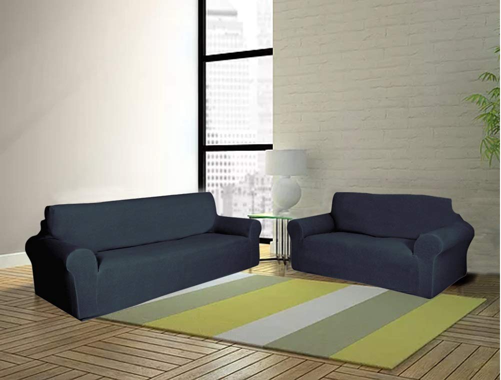 Sapphire Home 2-Piece Sofa and Loveseat Slipcovers, Couch and Loveseat Covers Set, Form fit Stretch, Wrinkle Free, Furniture Protector, Premium Brushed Sofa Covers for Living Room (Blue)