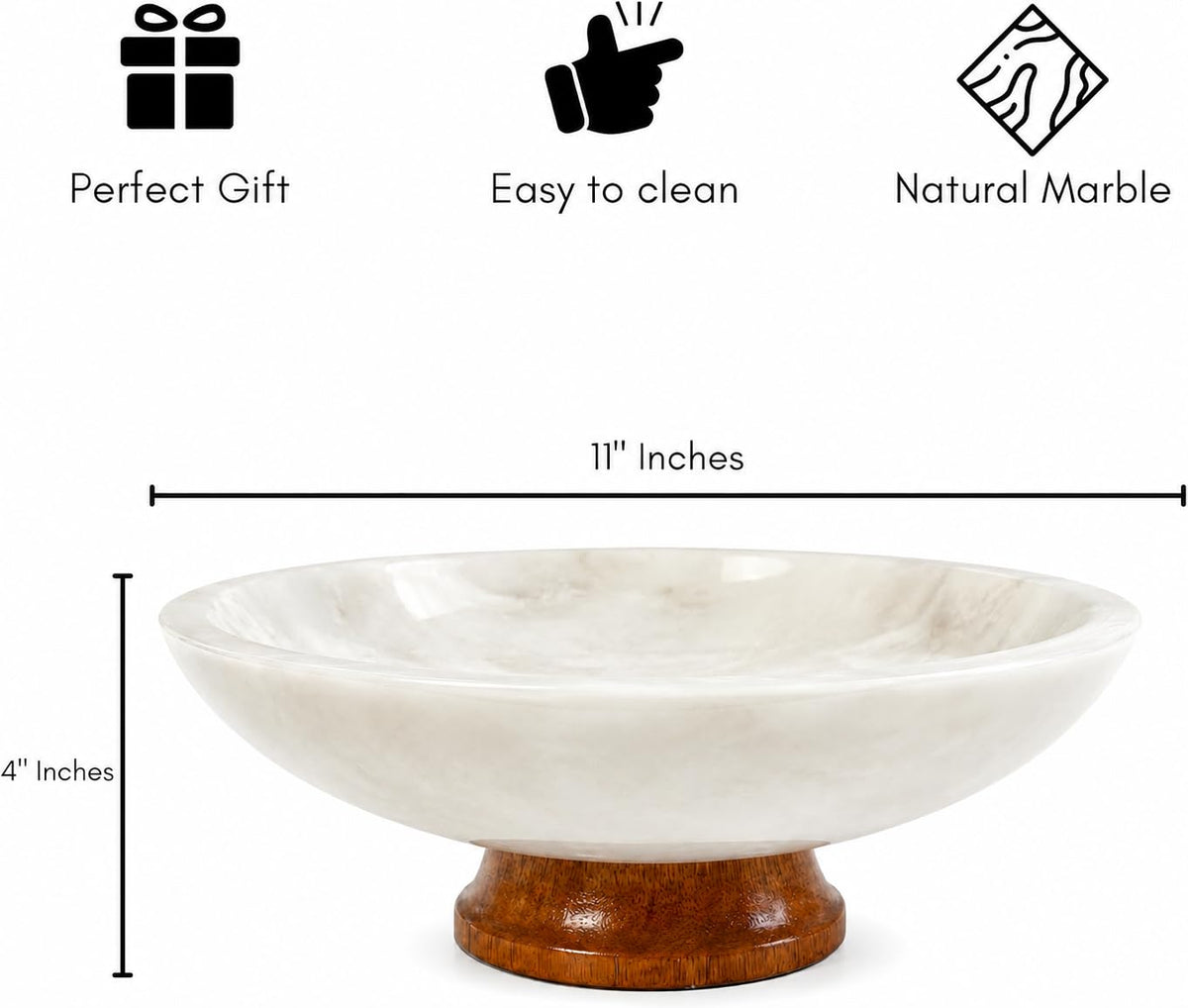 White Marble Fruit Bowl with Pedestal, 11" Large Decorative Centerpiece Bowl for Dining Table, Modern Kitchen Counter Fruit Bowl, Handcrafted Stone Marble Bowl, Luxury Home Decor Accent