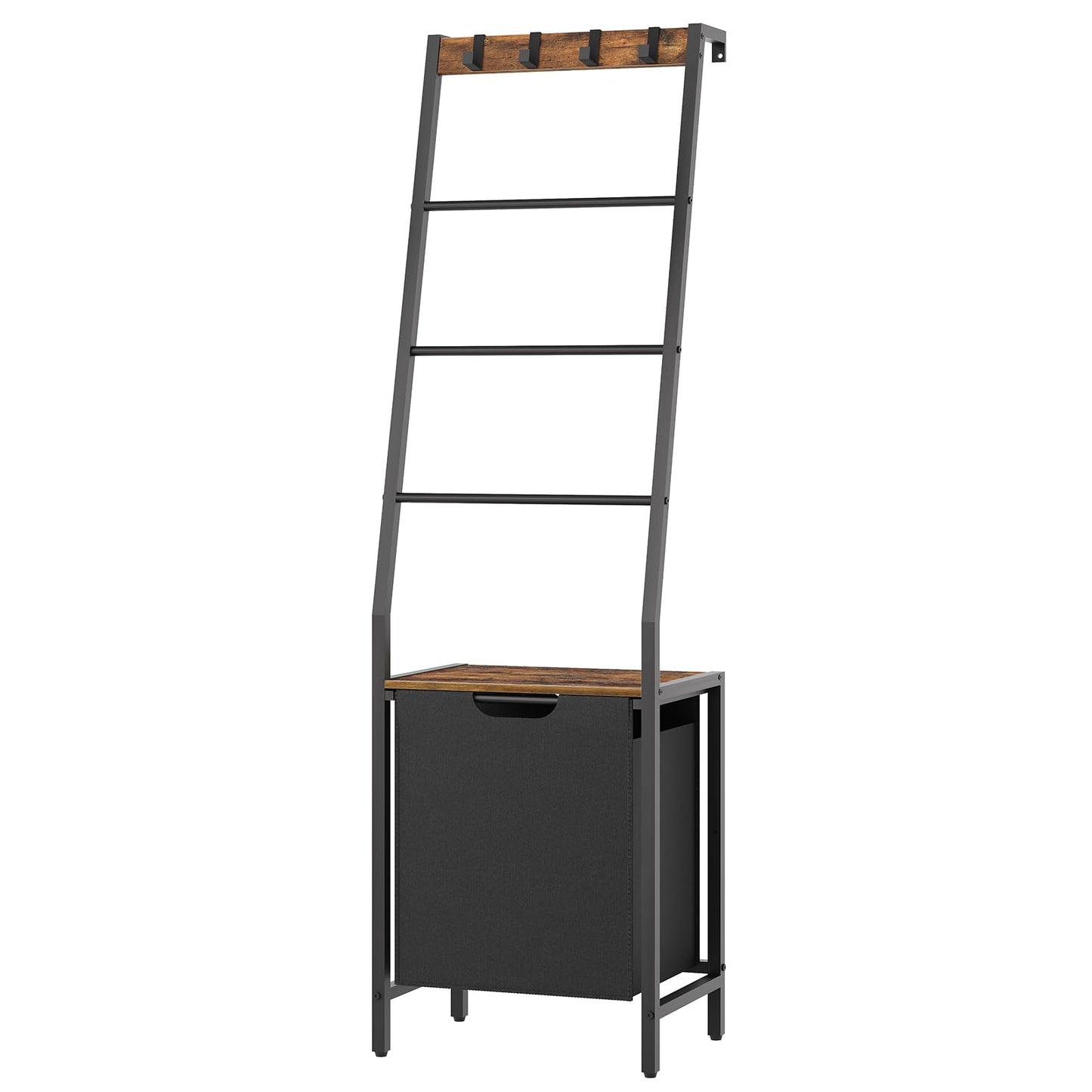 MAHANCRIS Blanket Ladder, 4-Tier Towel Rack with Pull-Out Laundry Basket & Removable Hooks, Ladder Shelf Stand, Wall-Leaning Blanket Rack for Living Room, Bedroom, Rustic Brown and Black TRHR4401