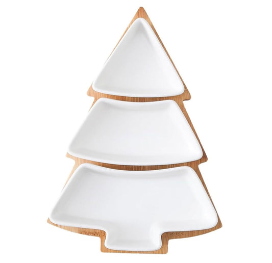 “Christmas Tree Shaped Serving Tray – 3 Tier White Ceramic Plates with Bamboo Stand – Holiday Snack & Dessert Display Platter”
