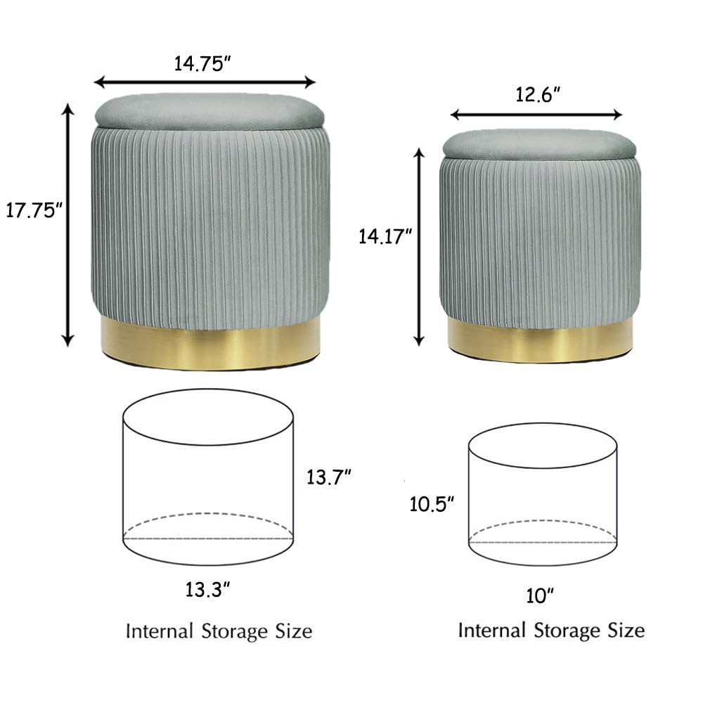 2BYF Round Ottoman with Storage Set of 2 Upholstered Velvet Vanity Stool Small Ottoman Coffee Table, Foot Stool, Removable Lid, for Living Room, Bedroom, Hallway, Assembly Free (Light Grey)