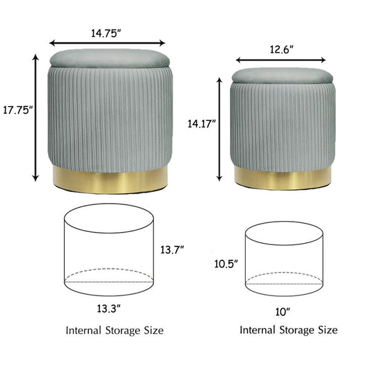 2BYF Round Ottoman with Storage Set of 2 Upholstered Velvet Vanity Stool Small Ottoman Coffee Table, Foot Stool, Removable Lid, for Living Room, Bedroom, Hallway, Assembly Free (Light Grey)