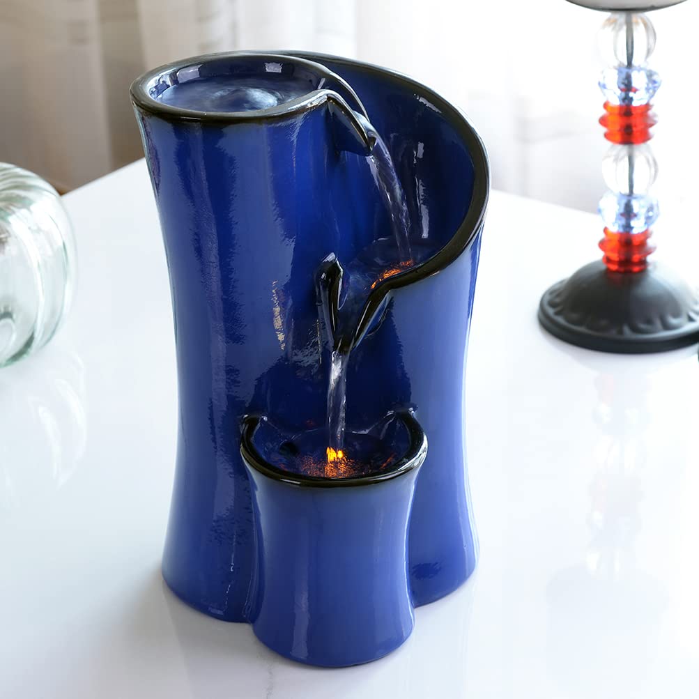 Indoor Water Fountain Imitation Ceramics Appearance Tabletop Relaxation Desktop Waterfall w/ 3 Reflective led, 9.8 Inch Tall (Blue)