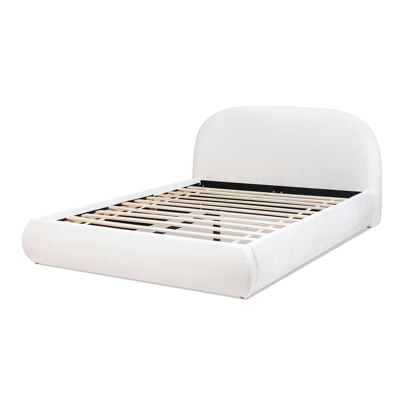 KOYVRY Grounded Bed Frame - Chenille White Bed Frames with Arch-Shaped Headboard and Wooden Slat Support, Upholstered Platform Bed for Bedroom, No Box Spring Required (Queen)