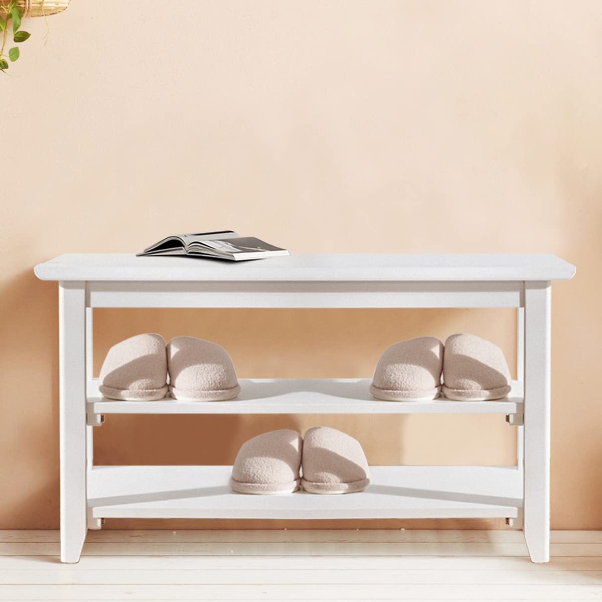Dewfig Shoe Rack Bench for Entryway with Storage, 32", 3-Tier Wooden Shoe Bench for Hallway, Front Door, Entrance, White