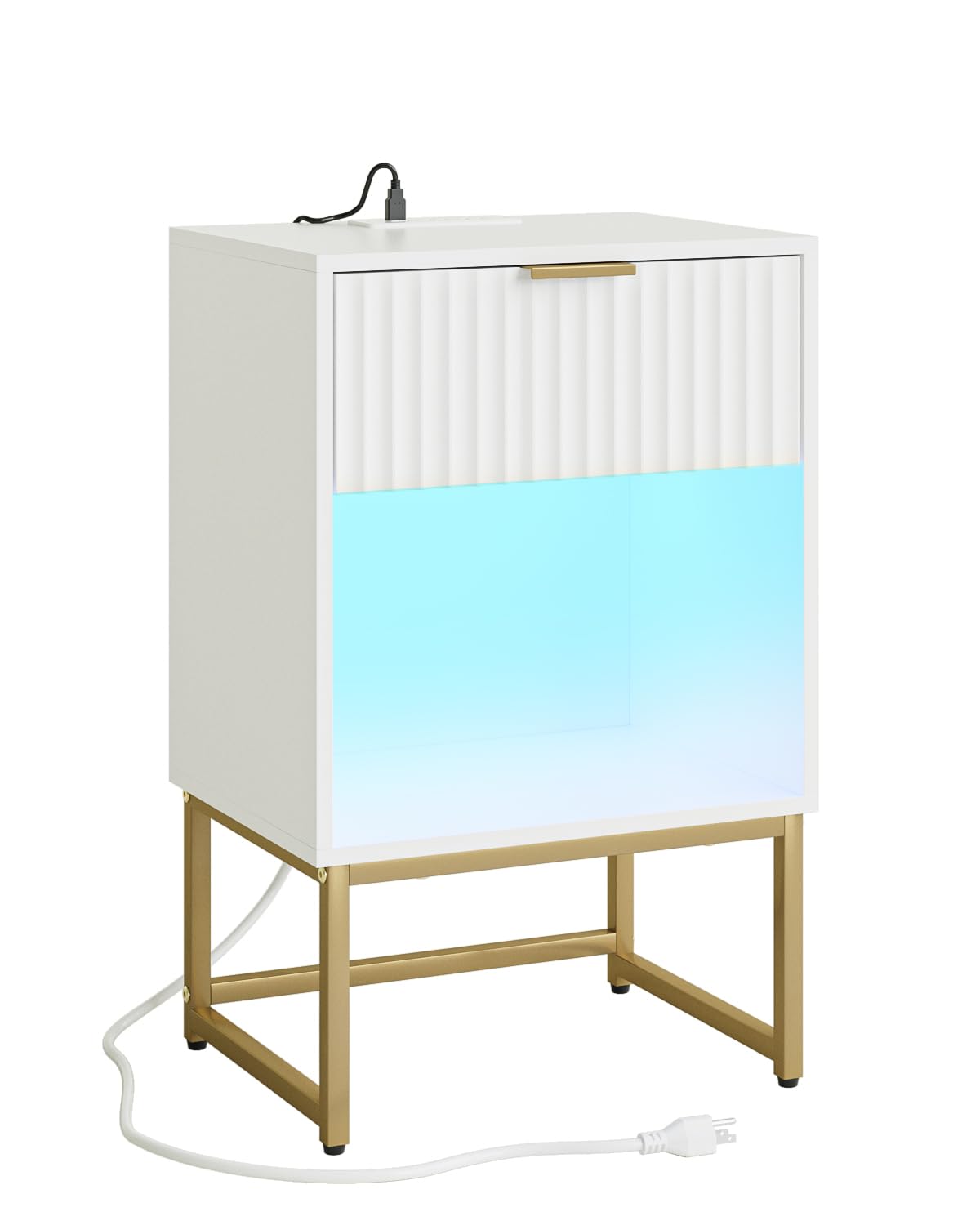 Masupu Fluted Nightstand with Charging Station and LED Lights,Modern Night Stand Wood Bedside Table with Storage Drawer Side End Table for Bedroom, Office,White