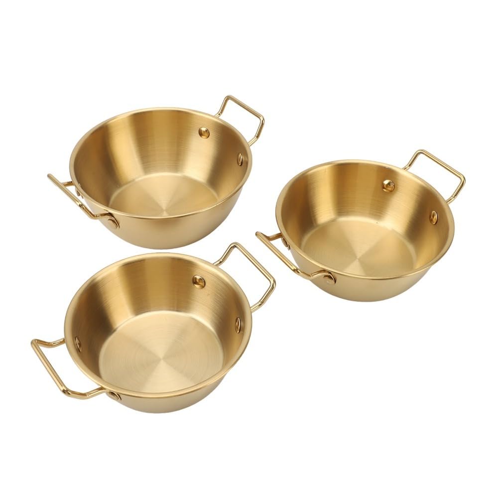 Anu Limen 3 Pcs Multiple Sizes Golden Stainless Steel Round Sauce Bowl with Handle Reusable Stackable Dipping Seasoning Dish for Appetizer Soy Sauce