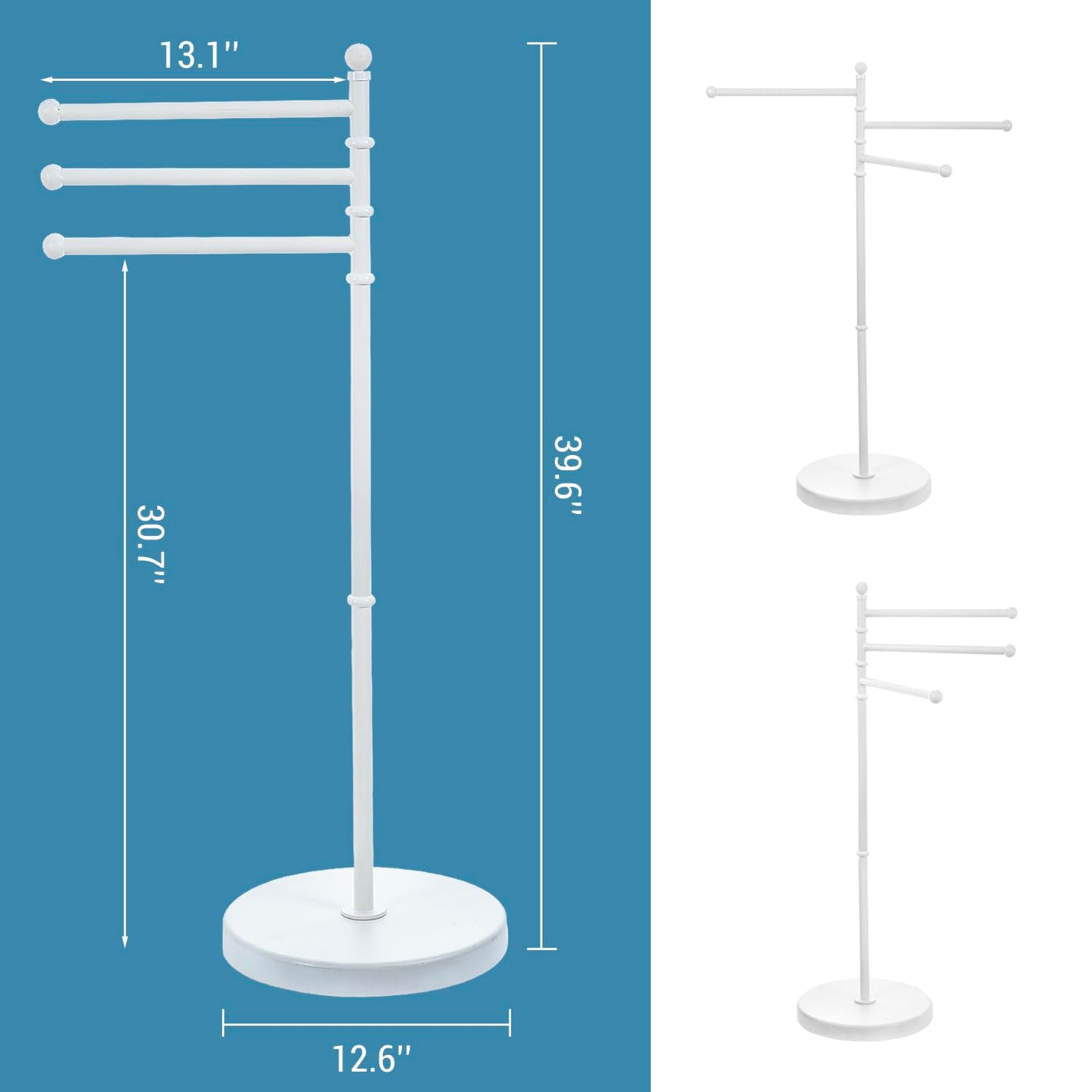 MyGift 40 Inch Bathroom Towel Rack Holder, Free Standing Bath Towel Rack with 3 Swivel Bars, Spa Pool Hot Tub Valet Accessories Stand for Drying Towels, Matte White Metal