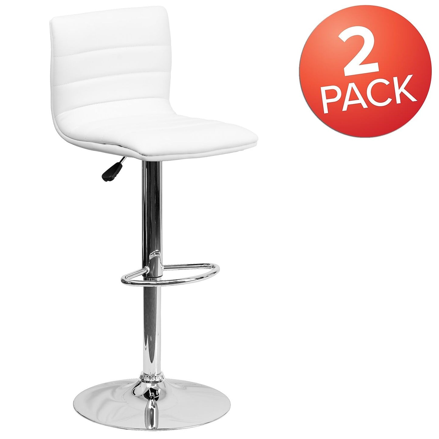 Flash Furniture Vincent 2 Pack Modern White Vinyl Adjustable Bar Stool with Back, Counter Height Swivel Stool with Chrome -Pedestal Base