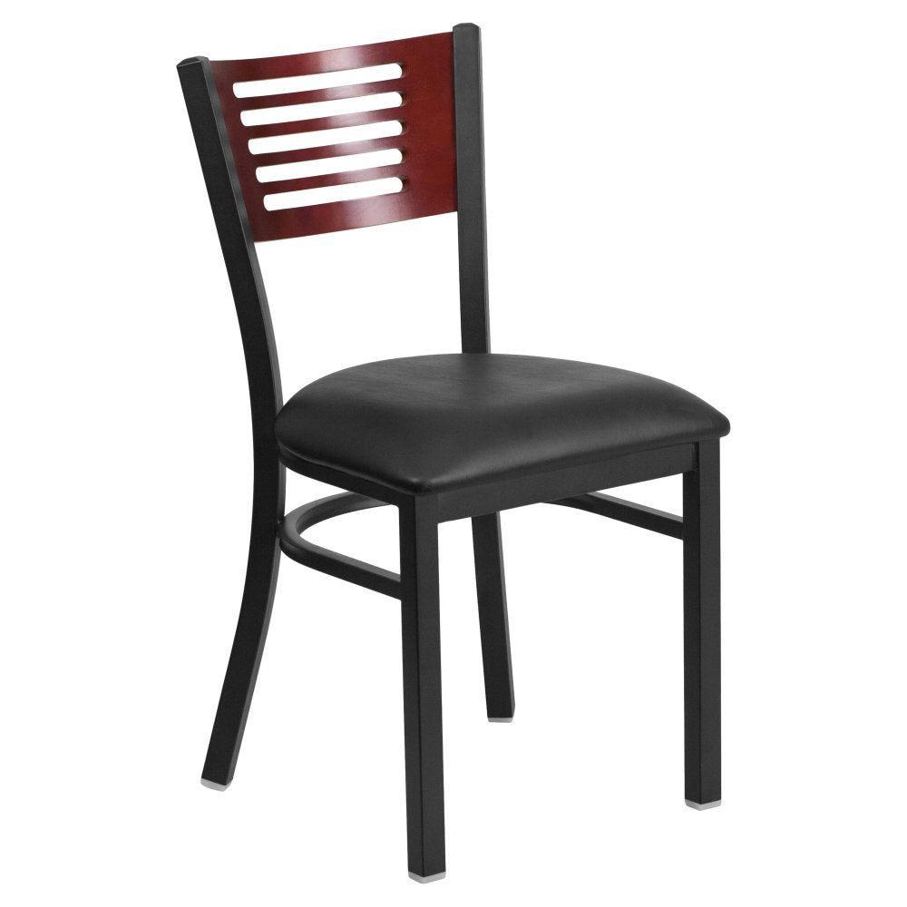 Flash Furniture HERCULES Series Black Slat Back Metal Restaurant Chair - Mahogany Wood Back, Black Vinyl Seat
