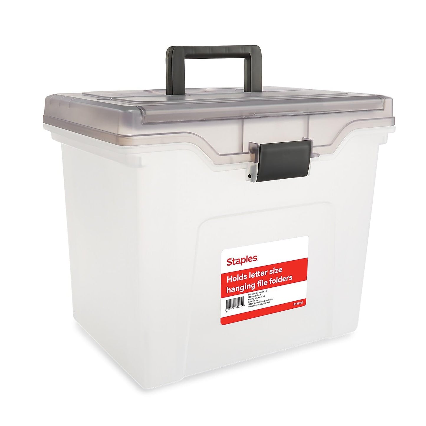 STAPLES File Box - Portable Letter-Size Storage Tote with Lid, Handle, Organizer Tray, Clear Plastic Filing Bin