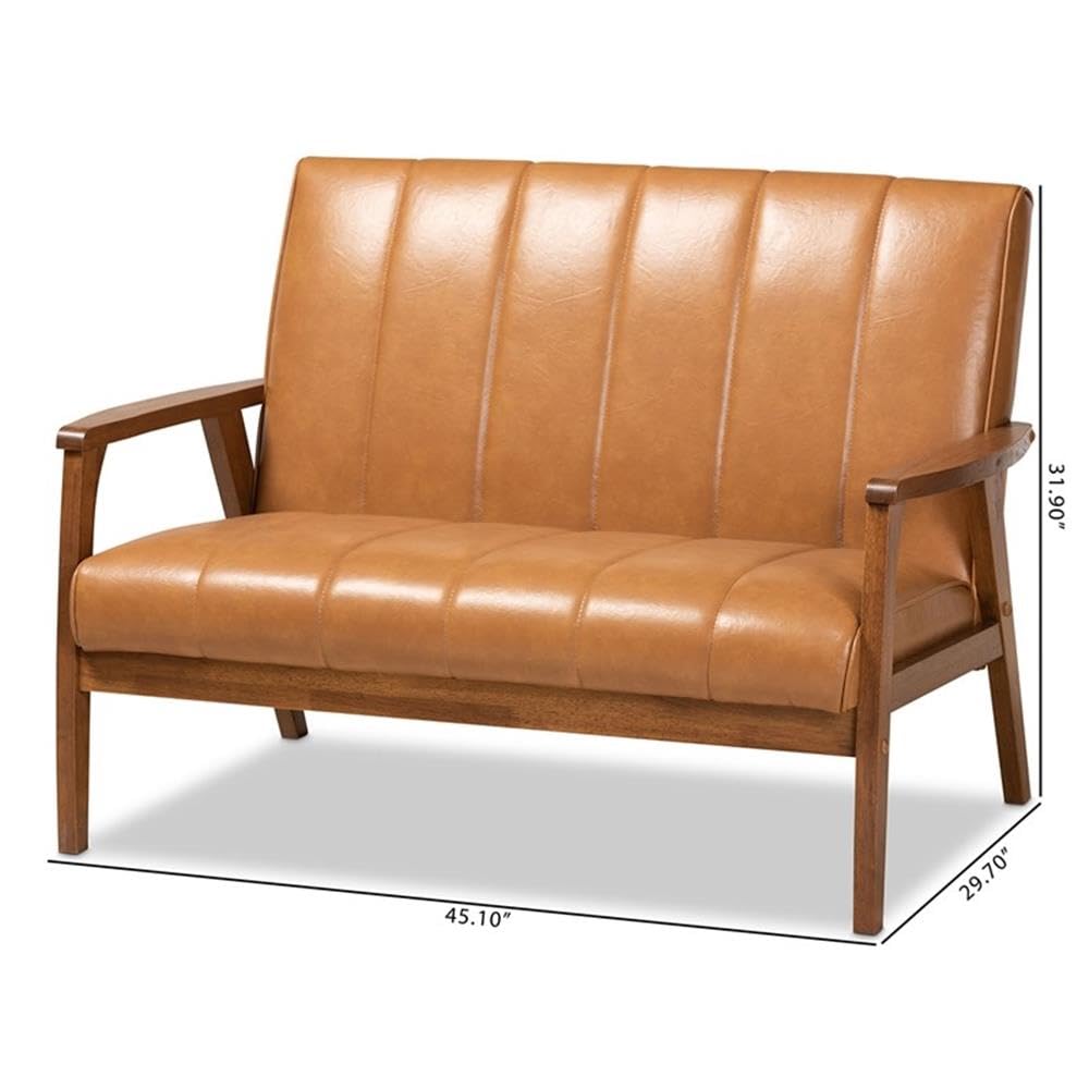 Baxton Studio Nikko Mid-century Modern Tan Faux Leather Upholstered and Walnut Brown finished Wood Loveseat