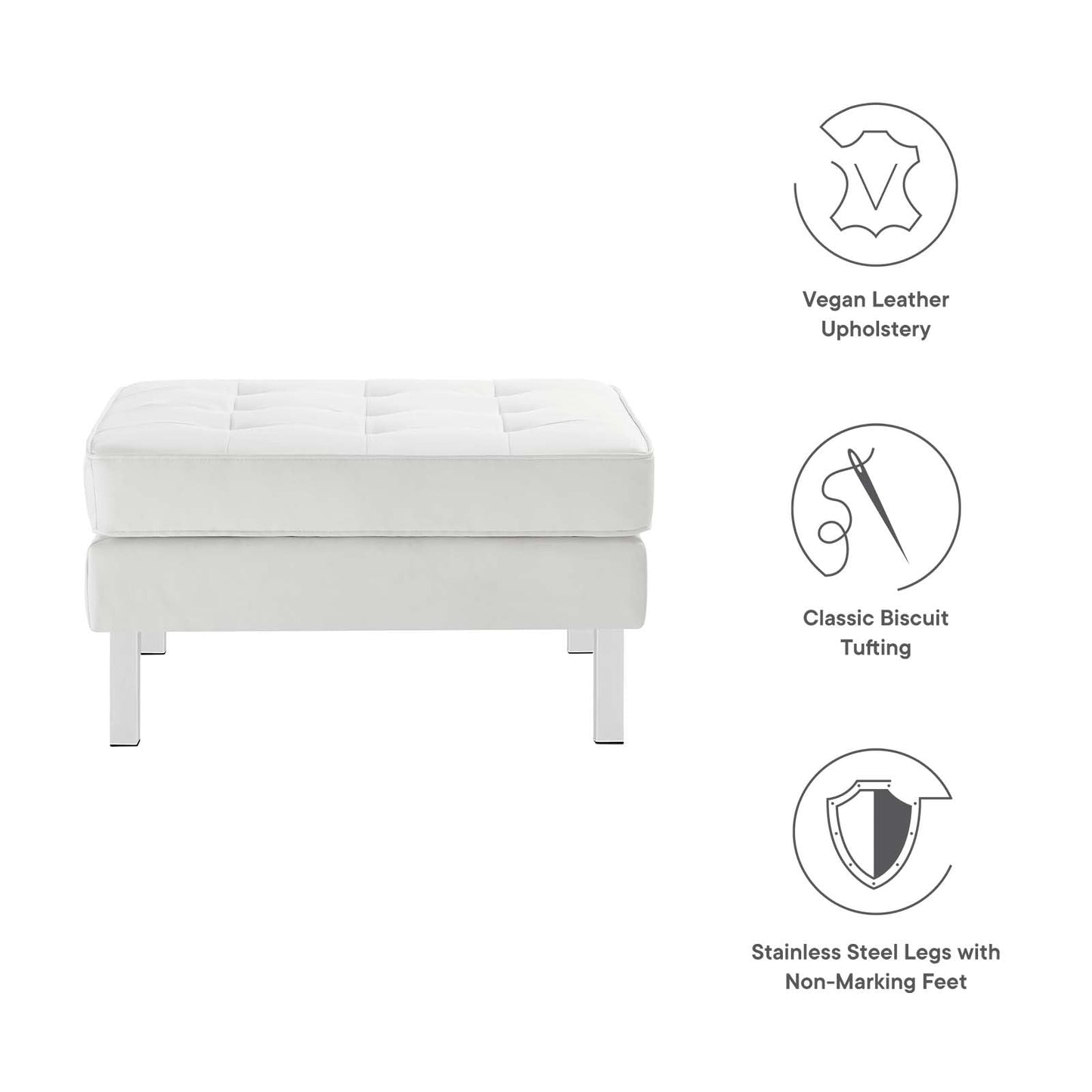 Modway Loft Tufted Button Faux Leather Upholstered Square Ottoman in Silver White