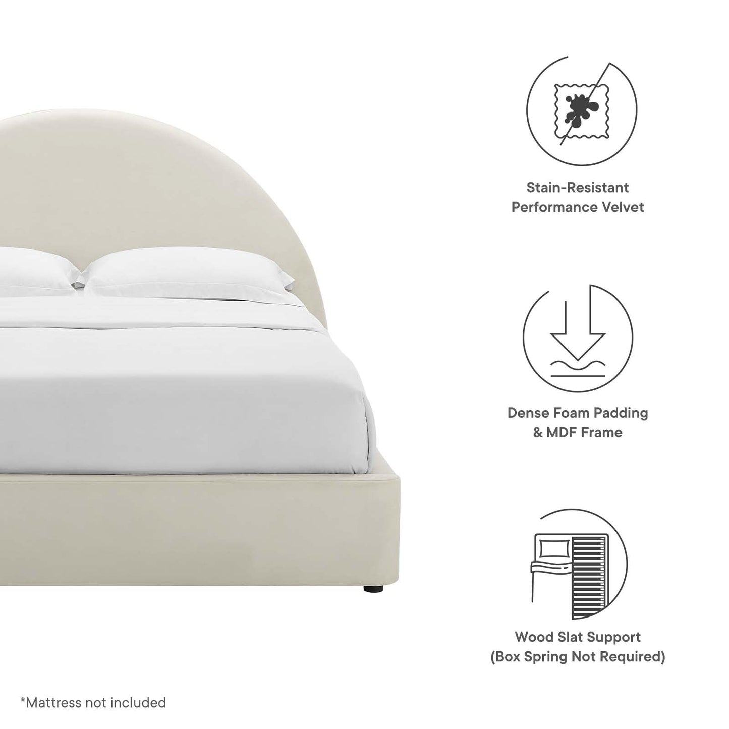 Modway Resort Full Size Platform Bed with Arch Shaped Round Headboard in Alabaster, Upholstered Velvet Bed Frameain-Resistant Performance Velvet, Soft Cloud Bed Frame, No Box Spring Needed