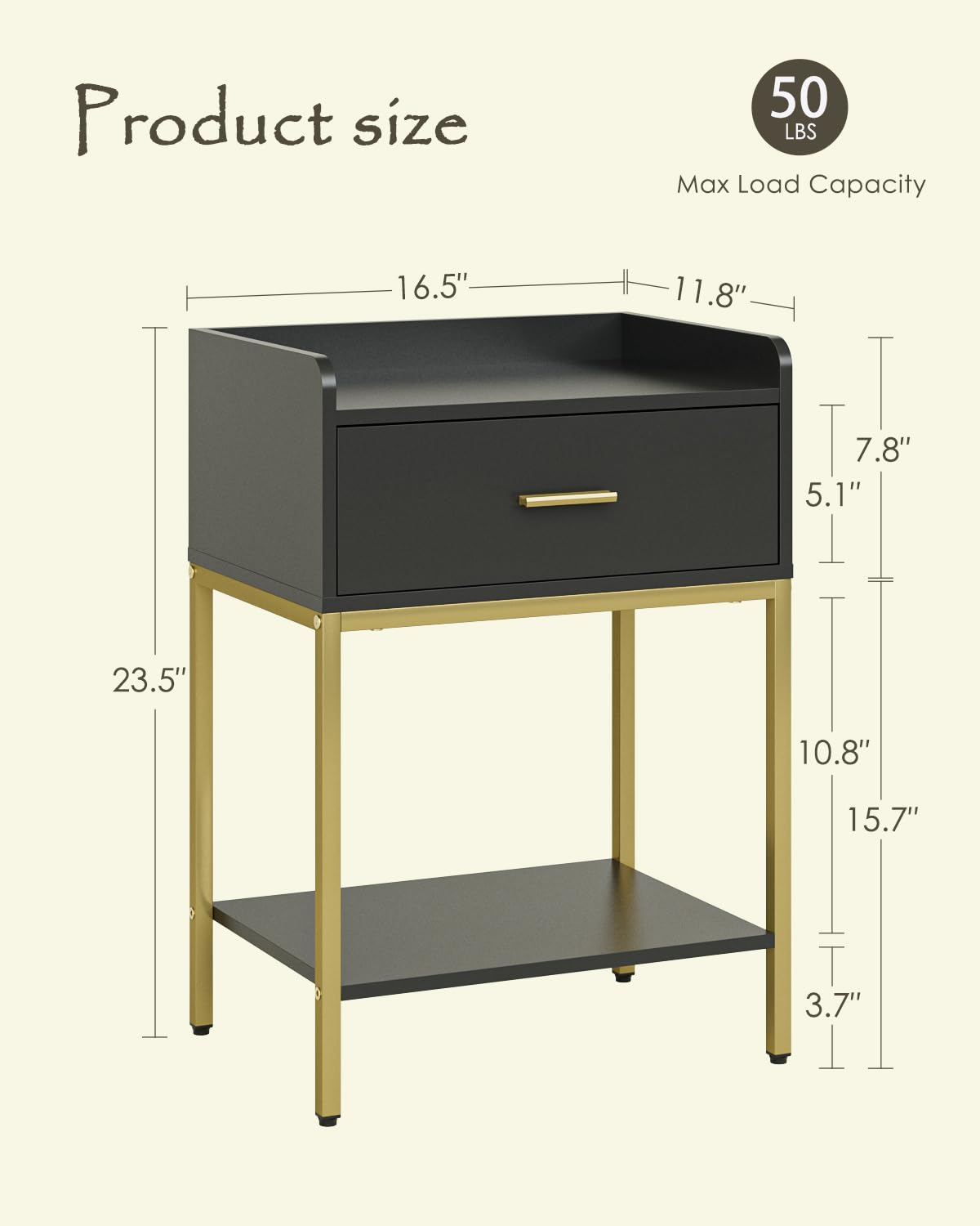 Apetaccat Nightstand,3-Tier Modern Night Stand,Bedside Table with Storage Drawer and Shelf,Small Side Table for Bedroom,Living Room,Black