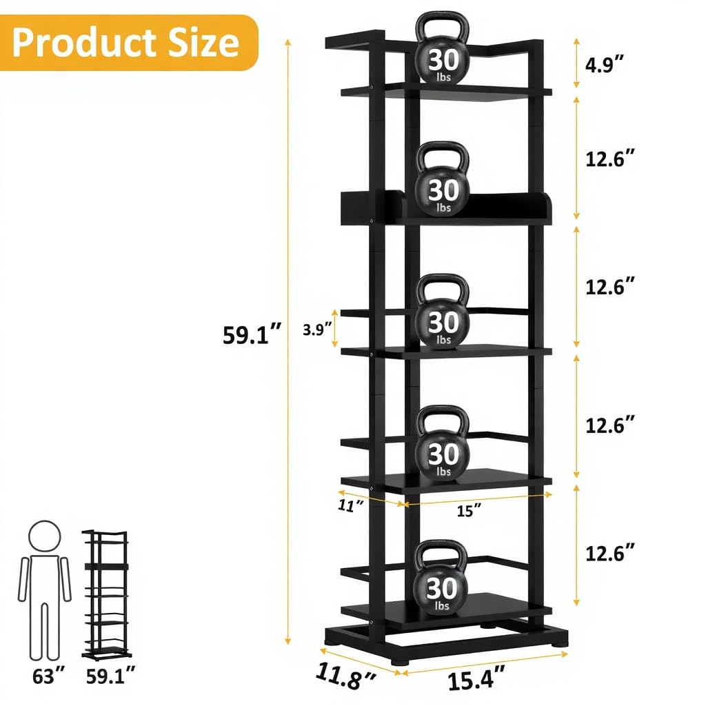 Hosfais Book Shelf Tall Bookshelf: 5 Tier Wood Bookcase with Metal Edge Protection Industrial Narrow Bookshelf Corner Storage Organizer Display Book Rack for Living Room Bedroom Home Office (Black)
