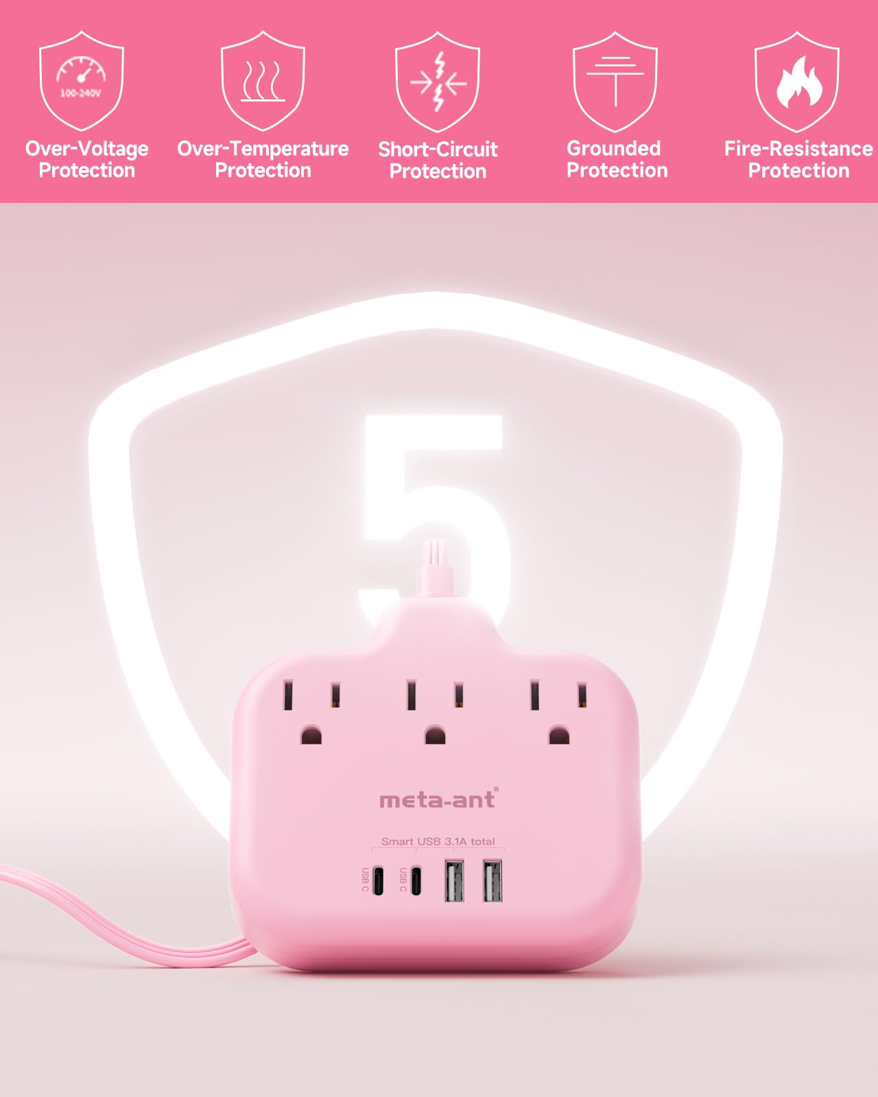 Pink Extension Cord with 3 AC Outlets & 4 USB Ports (2 USB-C), Pink Desk Accessories, 1625W Cute Extension Cord for Travel Curise Kawaii Desk Office Bedroom Accessories