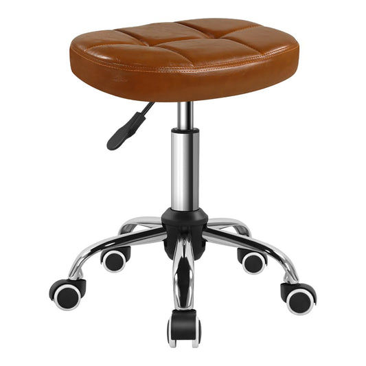 BFTOU 6-Square Lattice PU Swivel Stool with Wheel for Work SPA Shop Massage Height-Adjustable and Cost-Effective Rolling Stool Chair (Brown)