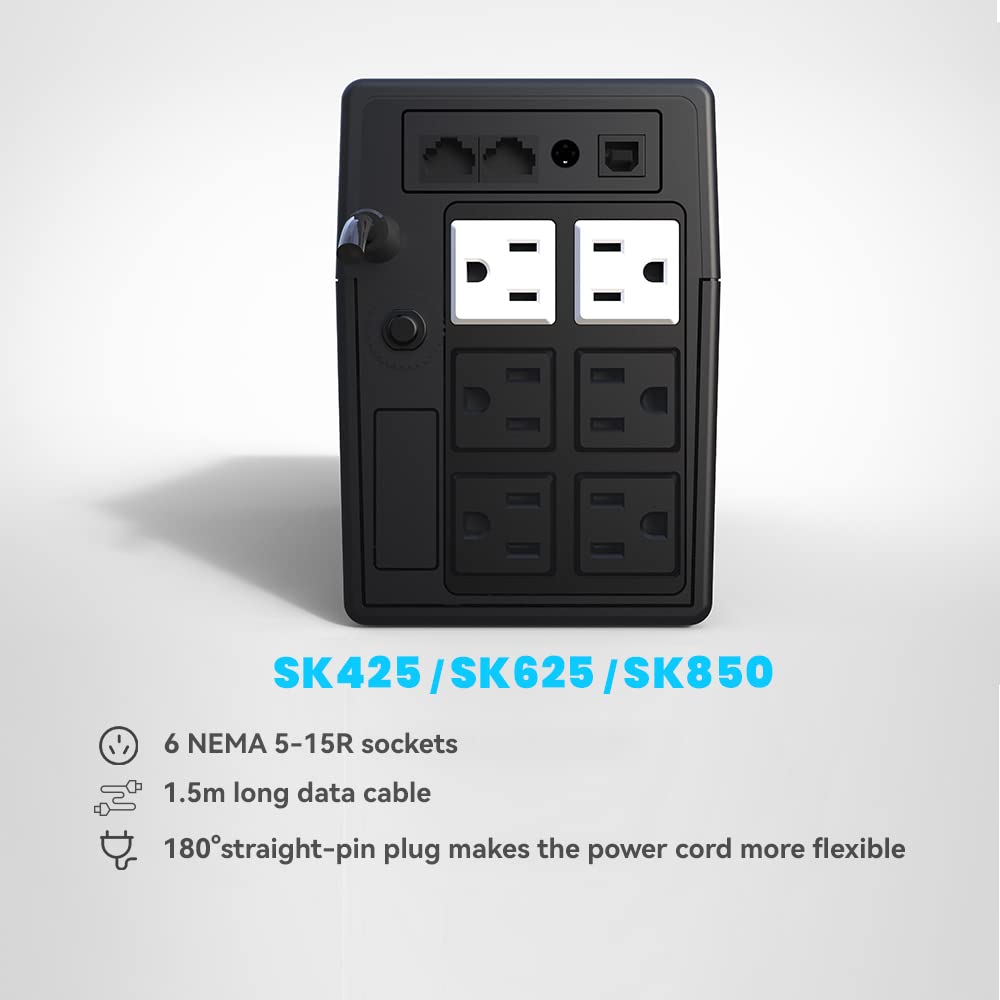 SKE SK425 850VA/480W UPS Battery Backup & Surge Protector - Uninterruptible Power Supply with LCD Display, AVR Voltage Regulation, 6 Outlets, Backup Power for PC, Router, NAS & Home Office