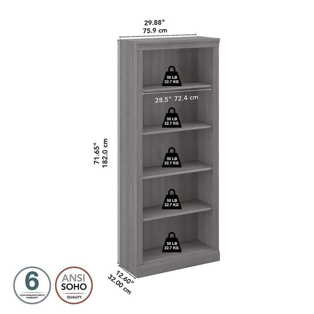 Bush Home Saratoga Tall 5 Shelf Bookcase in Modern Gray, Home Office Organizer, Vertical Storage Solution for Books and Office Supplies, Tall Bookshelf