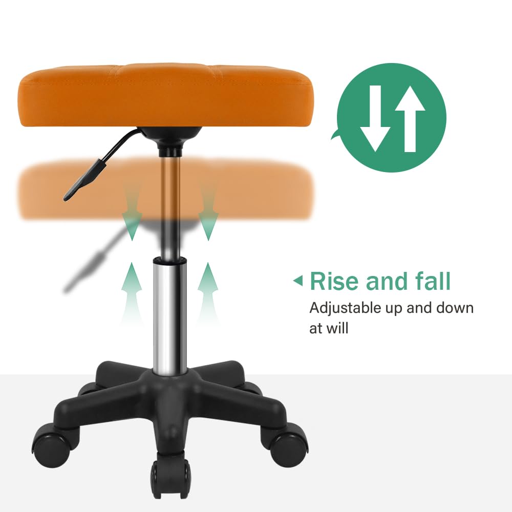 FURWOO Rectangle Rolling Stool with Wheels Height Adjustable Swivel Stool Chair for Spa Salon Massage Pale Brown