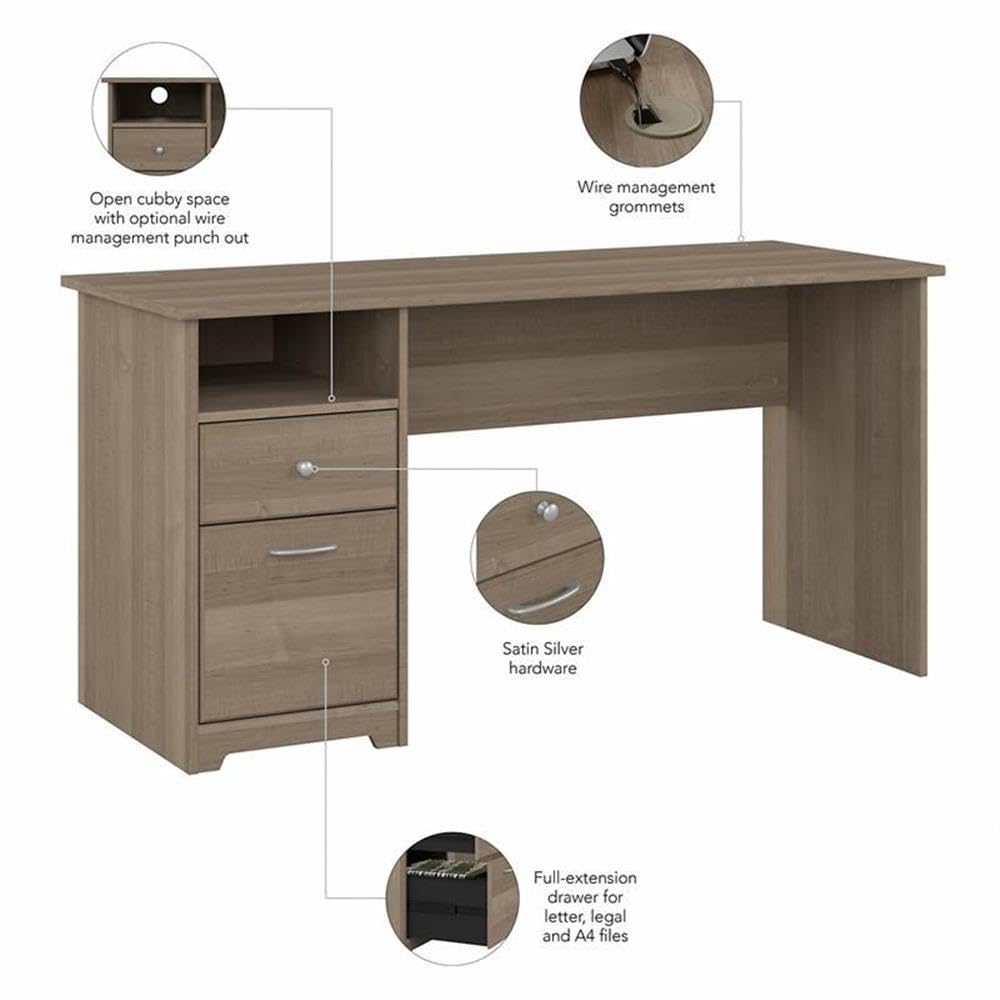 Bush Home Cabot 60W Computer Desk with Drawers in Ash Gray, Workstation and File Storage, Desktop with Organization Solutions for Home Office