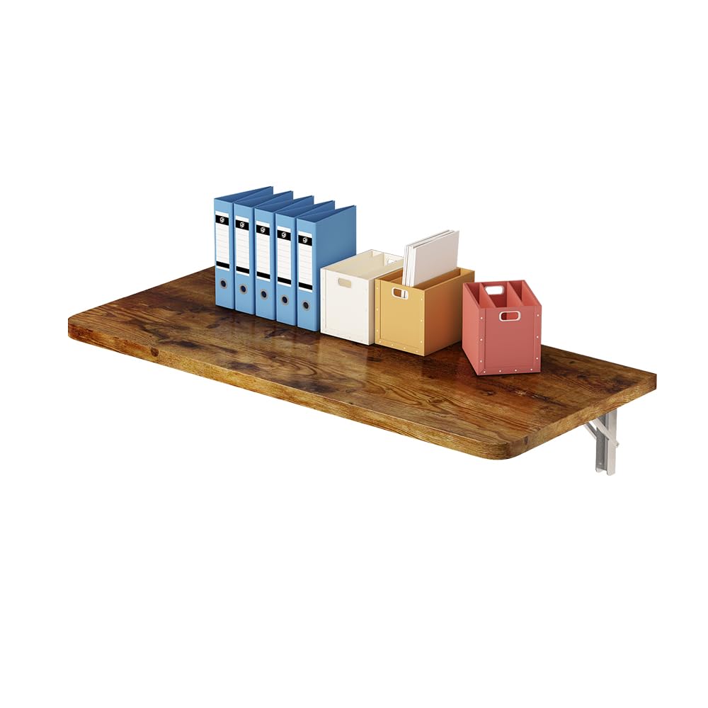 CYGJSYEA Rustic Wall Mounted Folding Table, Solid Wood Floating Desk with Stainless Steel Brackets, Space Saving Shelf for Home Office, Kitchen, Dining, Laundry Room (60X40cm / 23.63"X15.75")