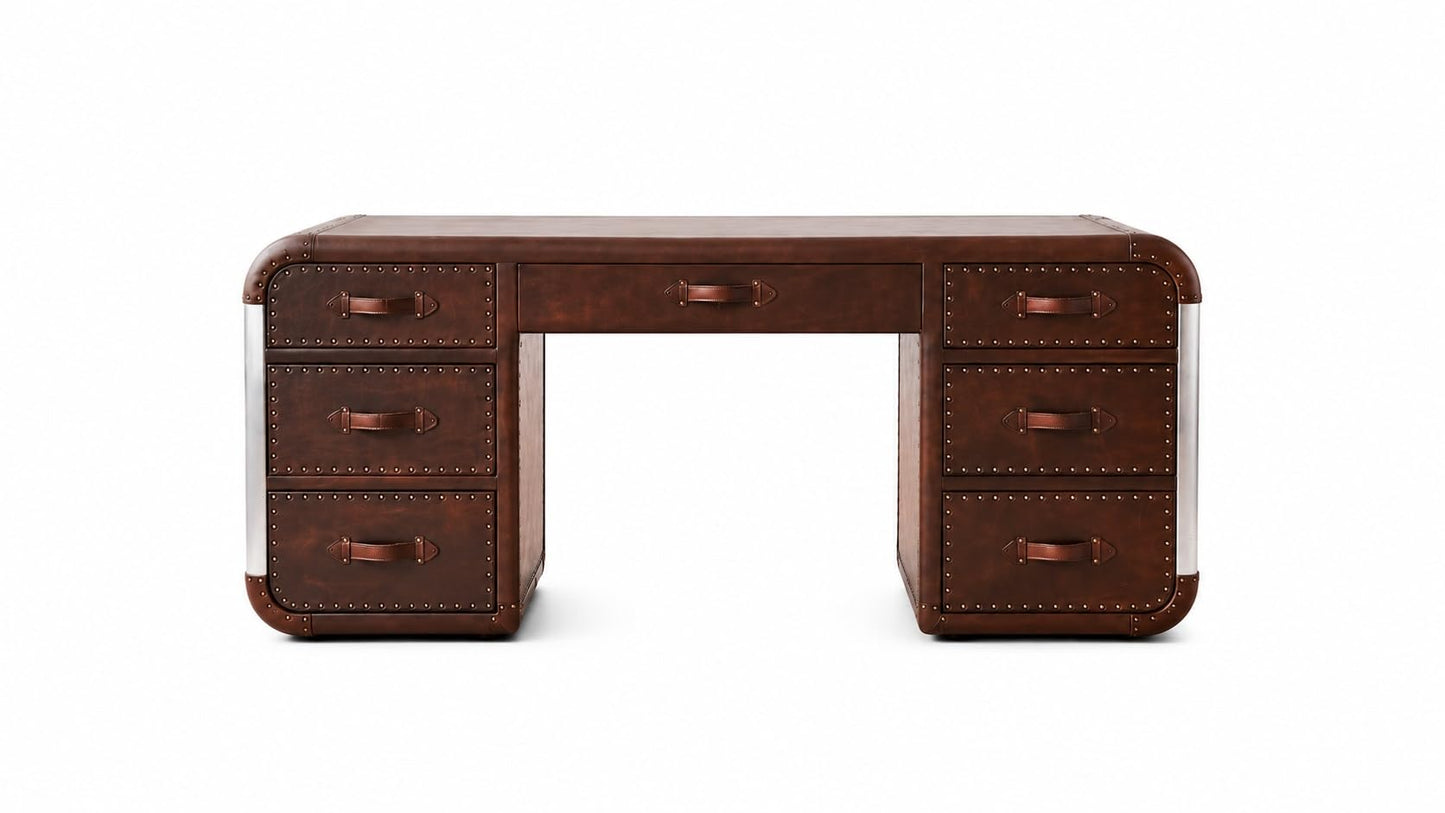 NauticalMart Industrial Aviator Executive Desk with 7 Drawers, Handcrafted Vintage Brown Leather & Aluminum Office Desk, Aircraft-Inspired Rivet Writing Table for Home Office (72" W X 28" D X 30" H)