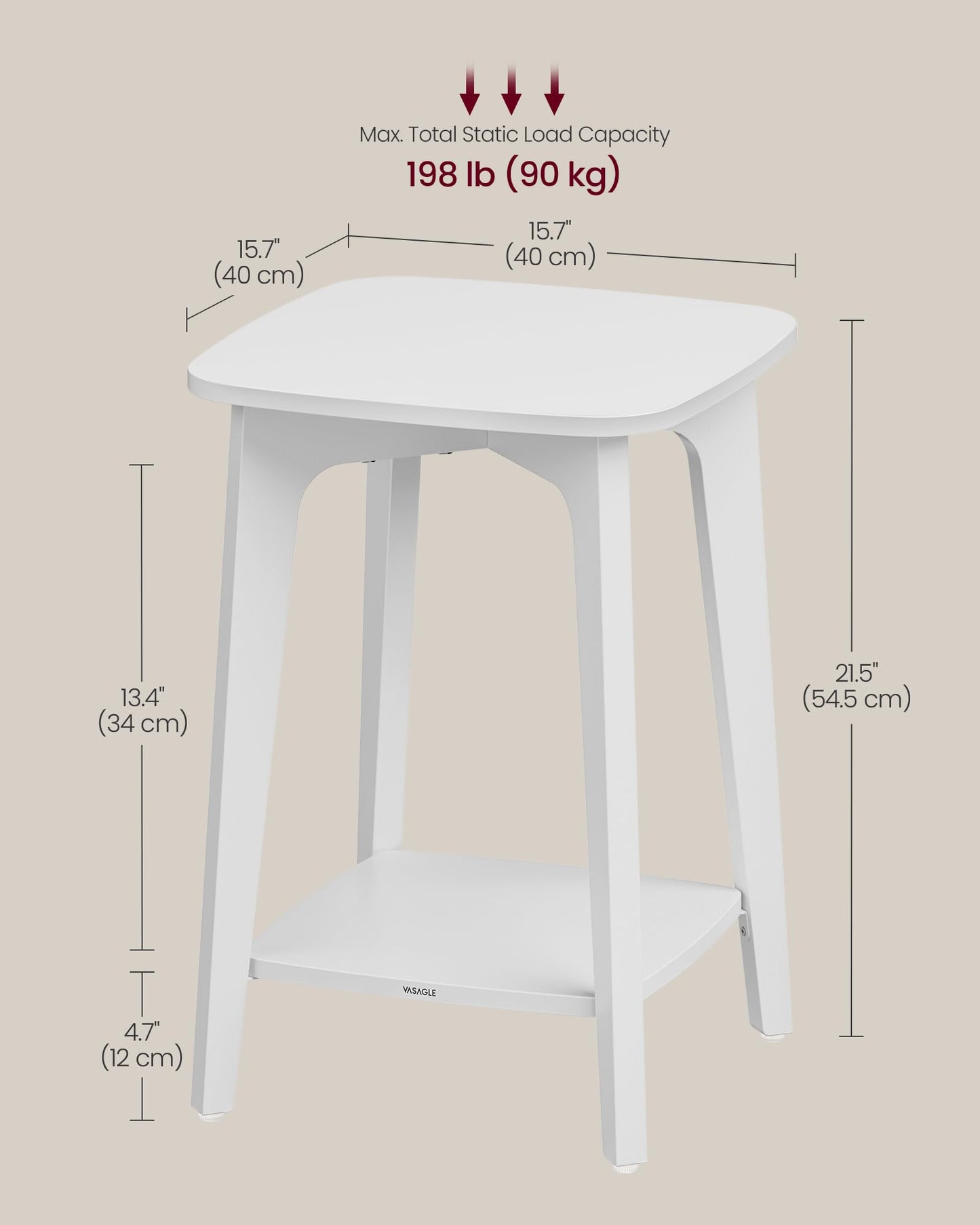 VASAGLE MAEZO Collection - Side Table, 2-Tier Small Square End Table, Nightstand with Tapered Legs, Curved Transitions, for Small Spaces, Living Room, Bedroom, Cloud White ULET236W01