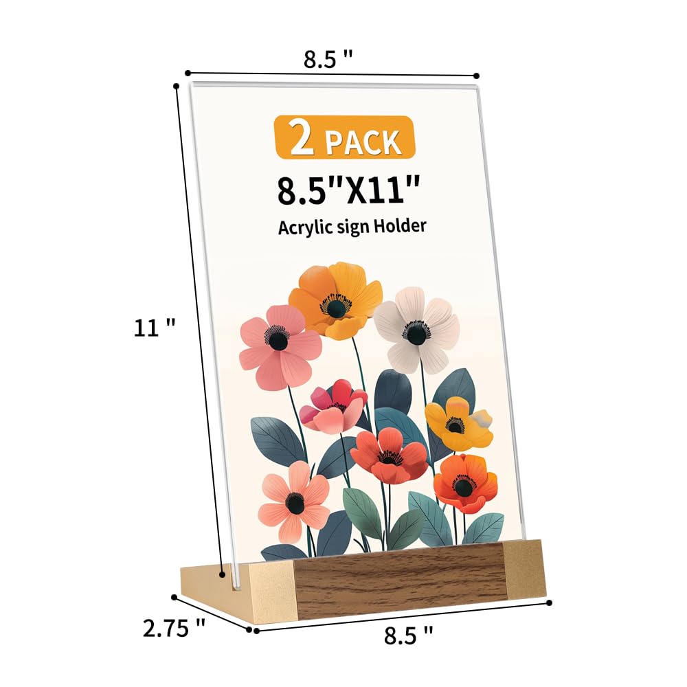 LIANHELILAI Acrylic Sign Holder 8.5 x 11 Inch with Wood-Color Base, Stable Tabletop Display Frame for Menu Flyer Photo, Clear Vertical Stand for Restaurant/Hotel/Office/ Exhibition – Easy Use, 2 Pack